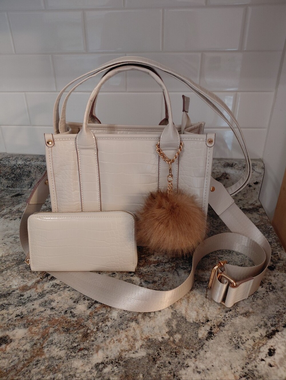 Aldo Cream Croc-Embossed Satchel with Matching Wallet and Pom Charm